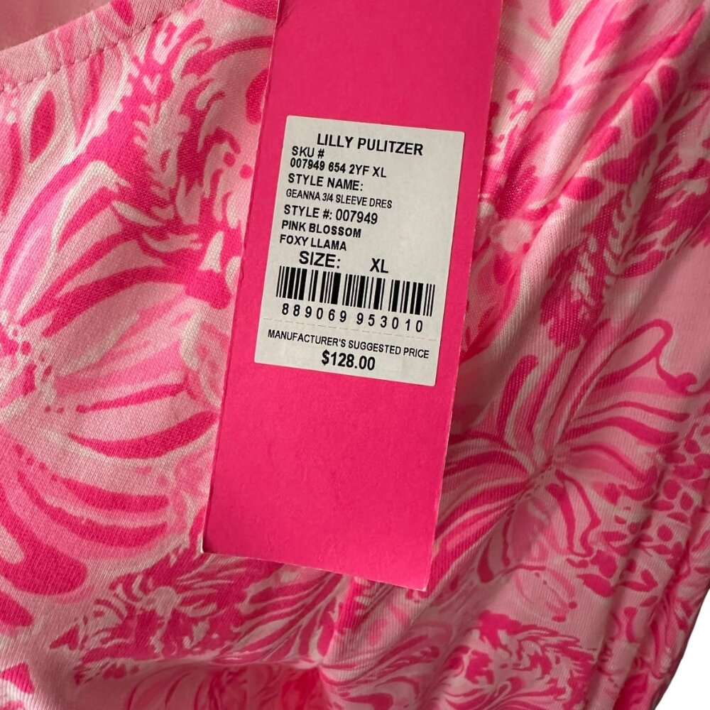 Lilly Pulitzer Women's GEANNA Dress Pink Blossom Foxy Llama 3/4 Sleeve XL - Picture 5 of 10